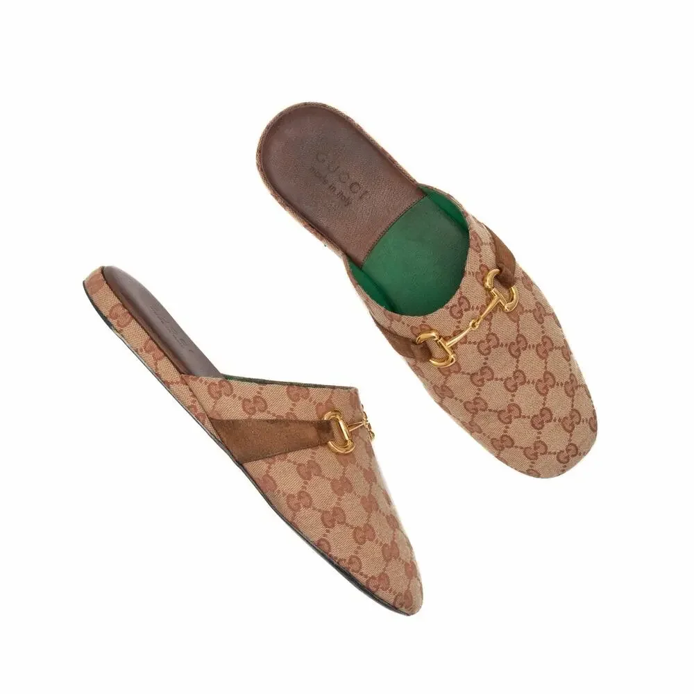 Gucci Men’s Pericle Canvas Monogram Brown Horsebit Slippers Mules 43.5 US10.